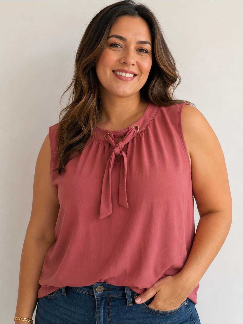 Sleeveless Tie Neck Blouse Dusty Rose Corvia Size Large NWT